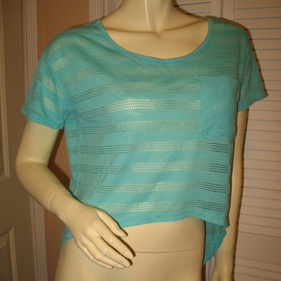 Y2K Chris & Carol Striped High-Low Knit Crop Top Made USA Blue Summer Beach Boho - Picture 3 of 8